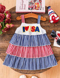 Independence Day Blue Checkered Star Embroidered Suspender Dress