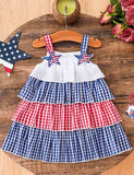 Independence Day Blue Checkered Star Embroidered Suspender Dress