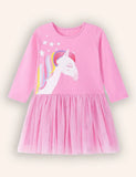Abito a maniche lunghe in tulle con stampa unicorno