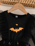 Halloween Bat Pumpkin Print Long-sleeved Tulle Dress