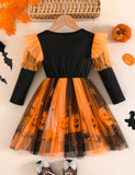 Halloween Long Sleeve Bat Pumpkin Ghost Print Tulle Dress