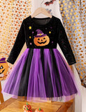 Halloween Magic Pumpkin Applique Tulle Long Sleeve Dress
