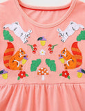 Autumn Squirrel Rabbit Embroidered Long Sleeve Dress
