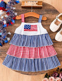 Independence Day Blue Checkered Star Embroidered Suspender Dress