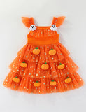 Halloween 3D Pumpkin Ghost Applique Multi-layer Tulle Dress