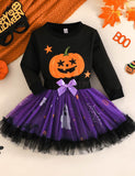 Halloween Cartoon Pumpkin Long-sleeved Sweatshirt + Double Tulle Ghost Skirt