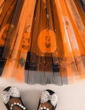 Halloween Long Sleeve Bat Pumpkin Ghost Print Tulle Dress
