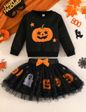 Halloween Cartoon Pumpkin Long-sleeved Sweatshirt + Double Tulle Ghost Skirt