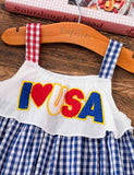 Independence Day Blue Checkered Star Embroidered Suspender Dress