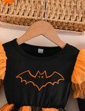 Halloween Long Sleeve Bat Pumpkin Ghost Print Tulle Dress