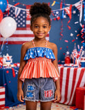 Independence Day Stars and Stripes Flag Asymmetrical Shoulder Overalls + Denim Shorts Set