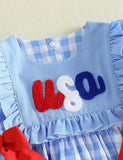 Independence Day Blue Plaid Embroidered Bow Dress