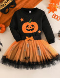 Halloween Cartoon Pumpkin Long-sleeved Sweatshirt + Double Tulle Ghost Skirt