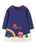 Christmas Santa Reindeer Sleigh Rainbow Applique Dress