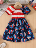 Independence Day Print Bubble Sleeve Dress