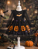 Halloween Bat Pumpkin Print Long-sleeved Tulle Dress