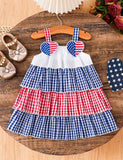 Independence Day Blue Checkered Star Embroidered Suspender Dress