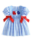 Independence Day Blue Plaid Embroidered Bow Dress
