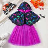 Halloween Bat Print Cape + Mesh Vest Dress Set