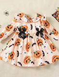 Halloween Pumpkin Bat Print Long Sleeve Dress