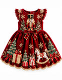 Velvet Nutcracker Appliqué Christmas Bow Party Dress