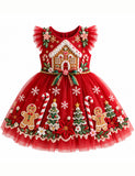Christmas Gingerbread House Appliqué Bow Tulle Dress