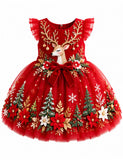 Christmas Reindeer Embroidery Bow Tulle Dress