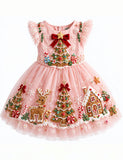Gingerbread Christmas Tree Appliqué Bow Tulle Dress