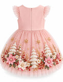 Christmas Reindeer Appliqué Floral Bow Tulle Dress