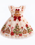 Christmas Gingerbread Appliqué Bow Tulle Dress