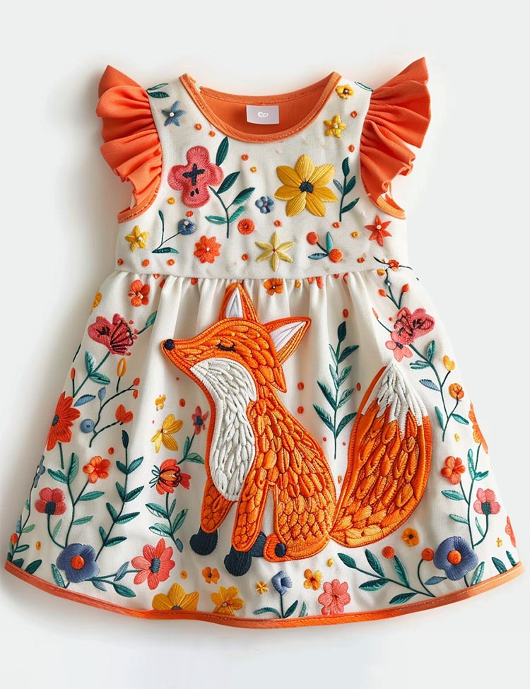 Floral Fox Applique Frill Sleeves Dress