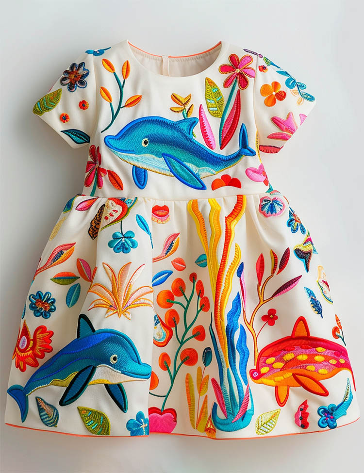 Multi Coral Dolphin Applique Dress