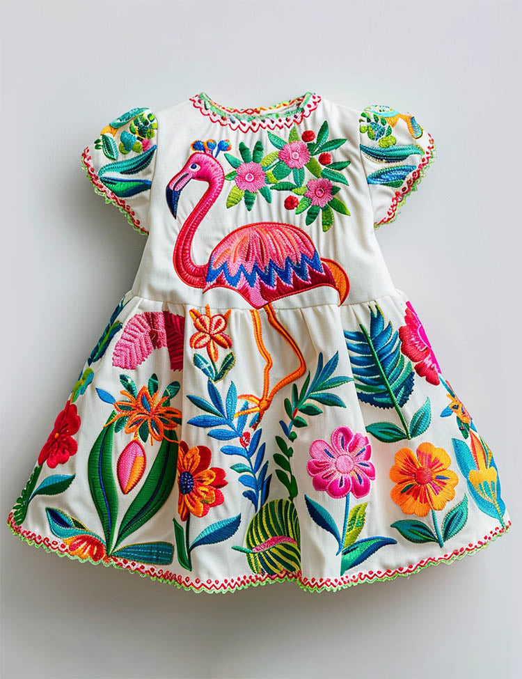 Forest Flamingo Puff Sleeves Dress