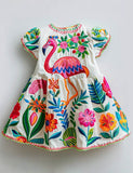 Forest Flamingo Puff Sleeves Dress