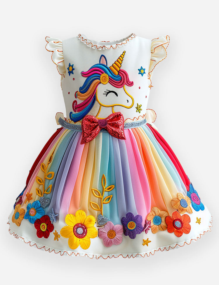 Magical Unicorn Embroidered Rainbow Party Dress