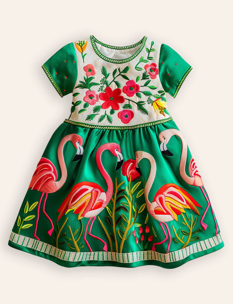 Flamingo Flower Short Sleeves Dress