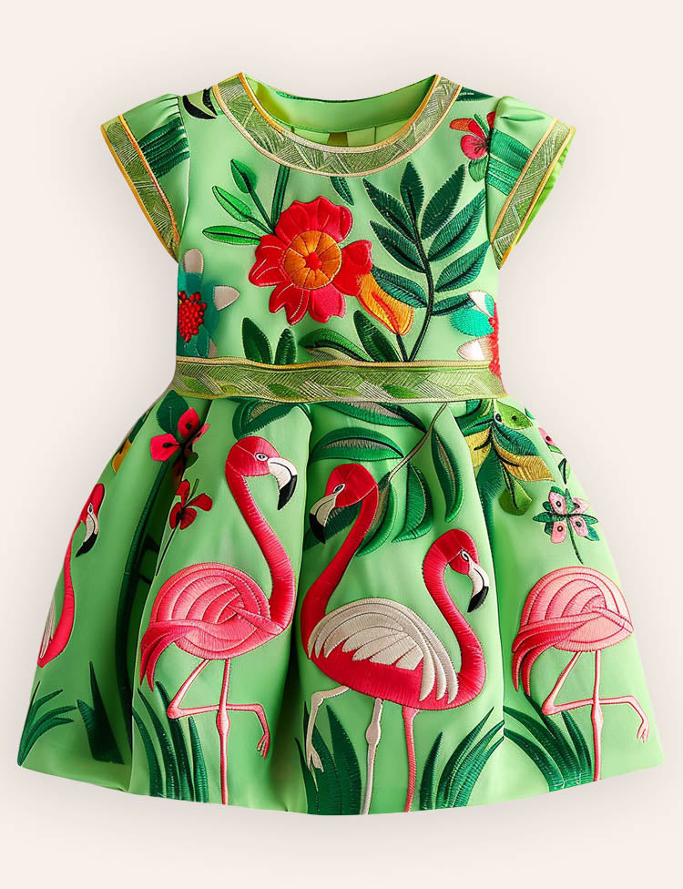Flamingo Flower Short Sleeves Dress