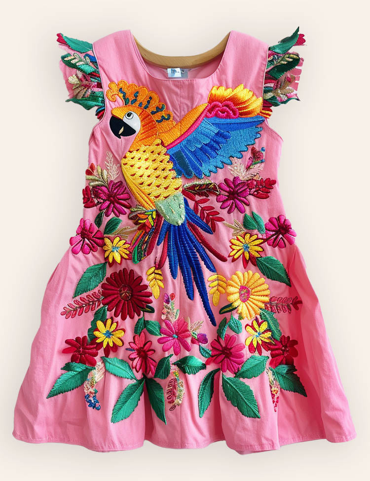 Floral Parrot Ruffle Sleeves Dress