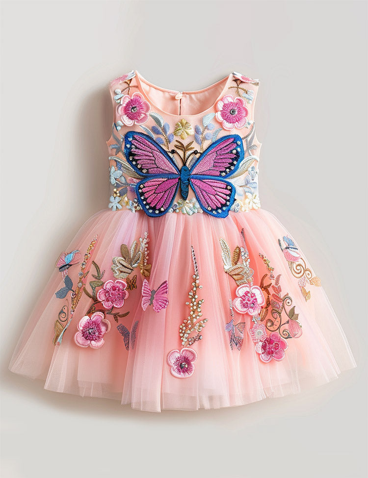 Floral Butterfly Embroidered Tulle Party Dress