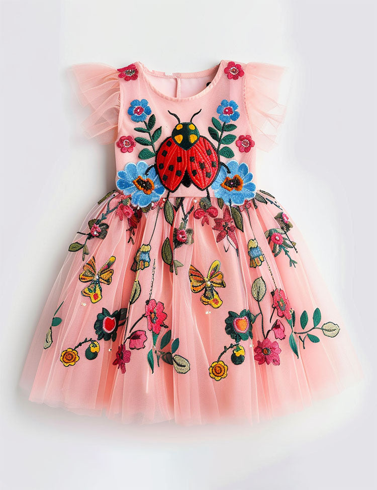 Floral Ladybug Embroidered Tulle Party Dress