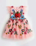 Floral Ladybug Embroidered Tulle Party Dress