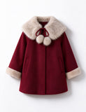 Burgundy Faux Fur Collar Wool Coat