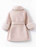 Elegant Beige Faux Fur Trim Belted Coat