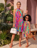 Mom and Me Fashion Color Contrasting Pattern Printing A-shaped Dress