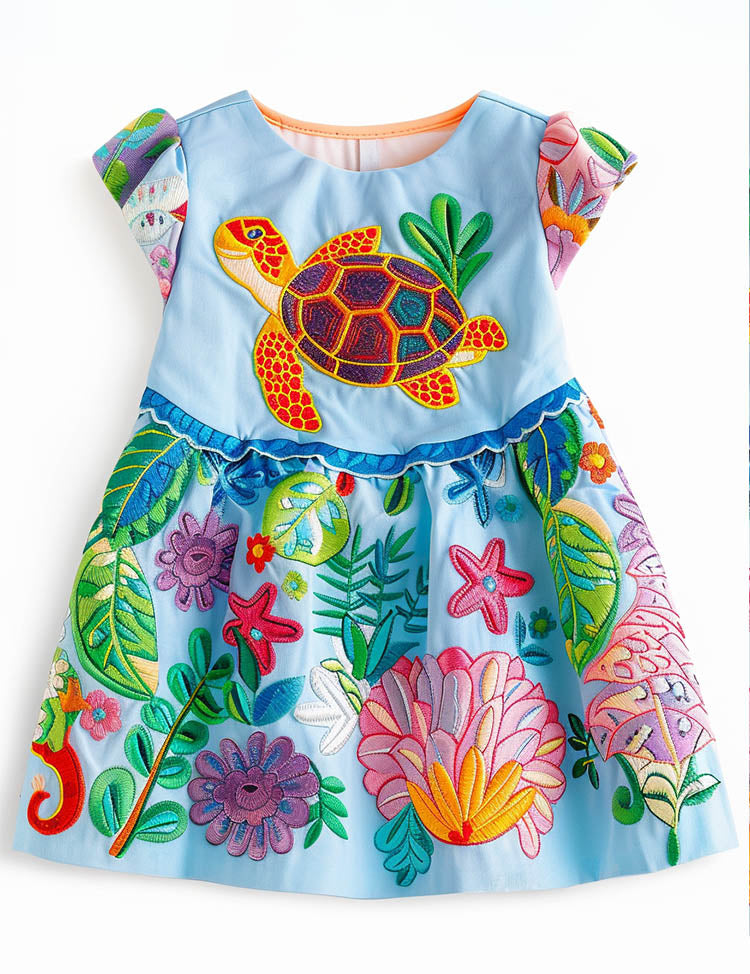 Multi Coral Turtle Applique Dress