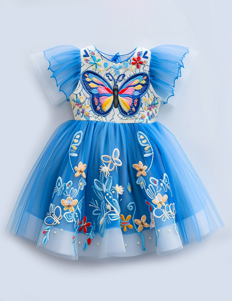 Floral Butterfly Embroidered Tulle Party Dress