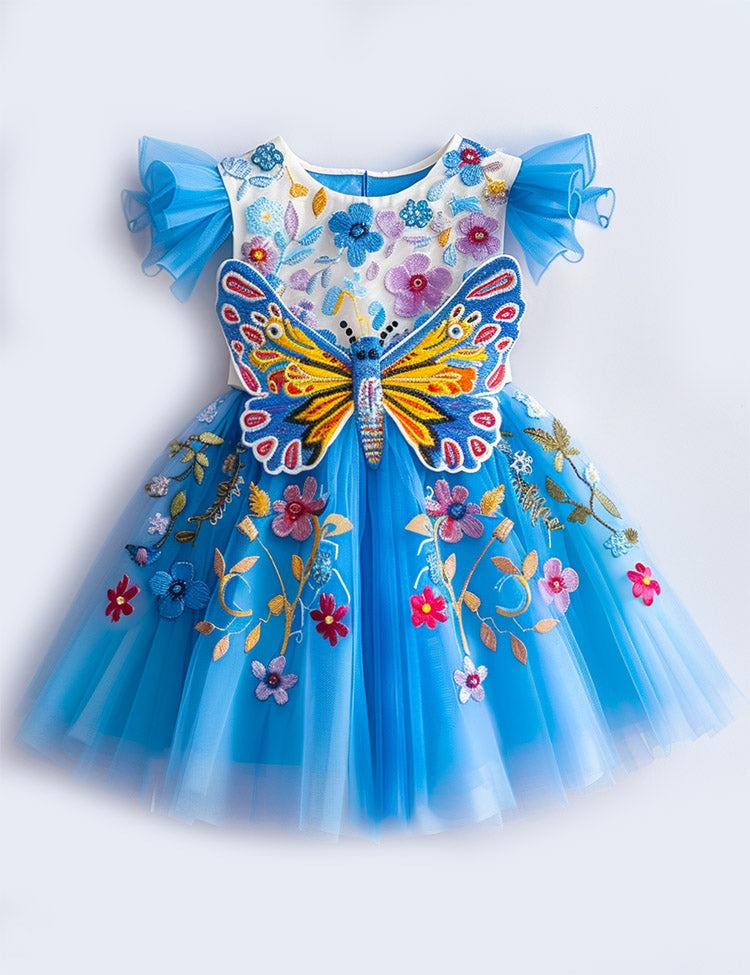 Floral Butterfly Embroidered Tulle Party Dress