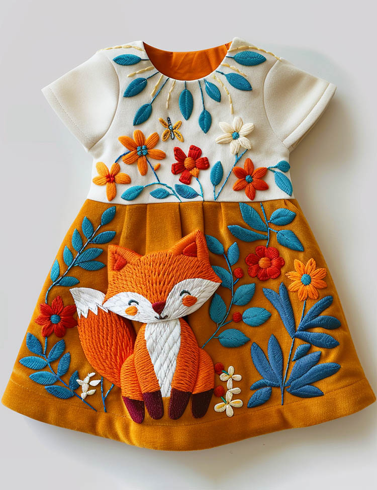 Floral Fox Applique Short Sleeves Dress