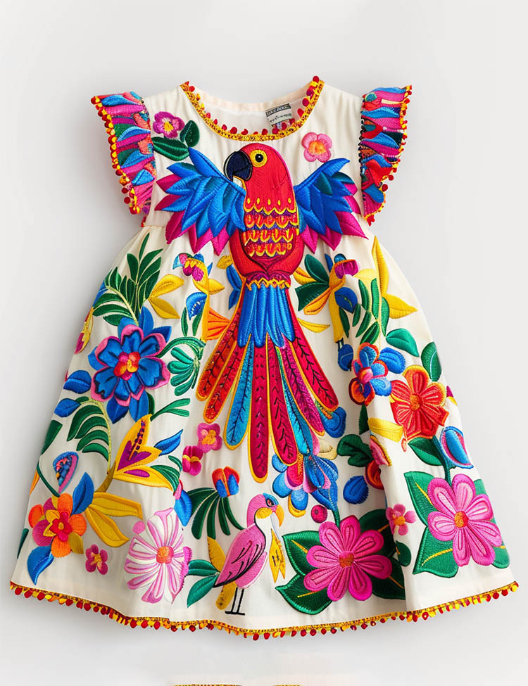 Floral Parrot Applique Dress