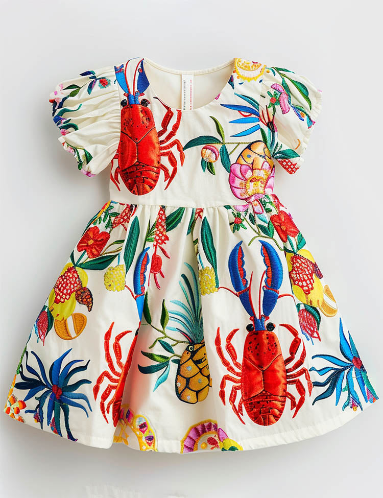 Coastal Lobster & Pineapple Puff-Sleeve Summer Dress